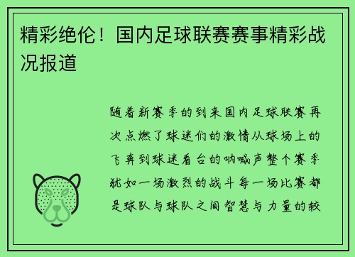 精彩绝伦！国内足球联赛赛事精彩战况报道